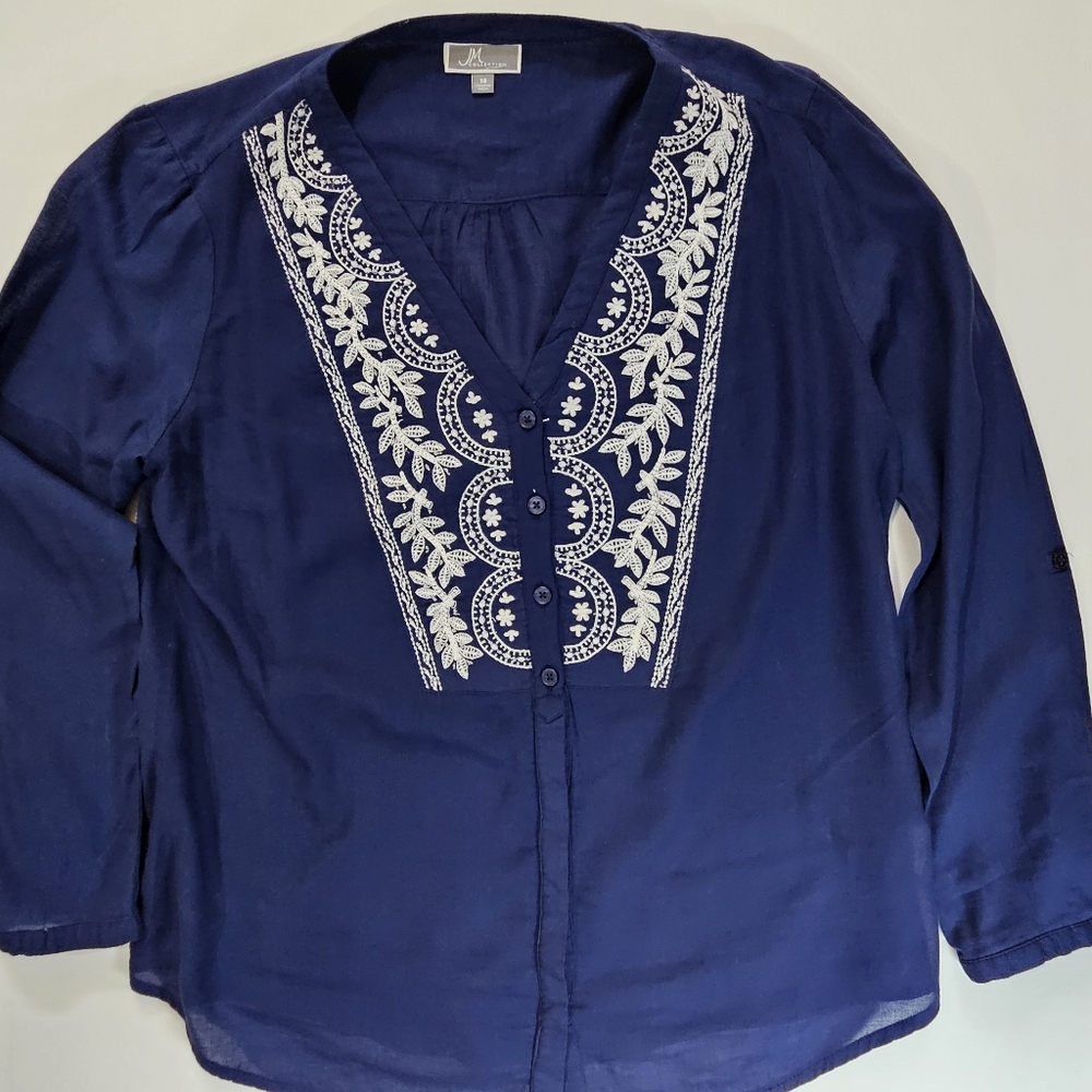 JM‎ Collection Blouse Womens 14 Blue White Floral Embroidered Coastal Resortwear